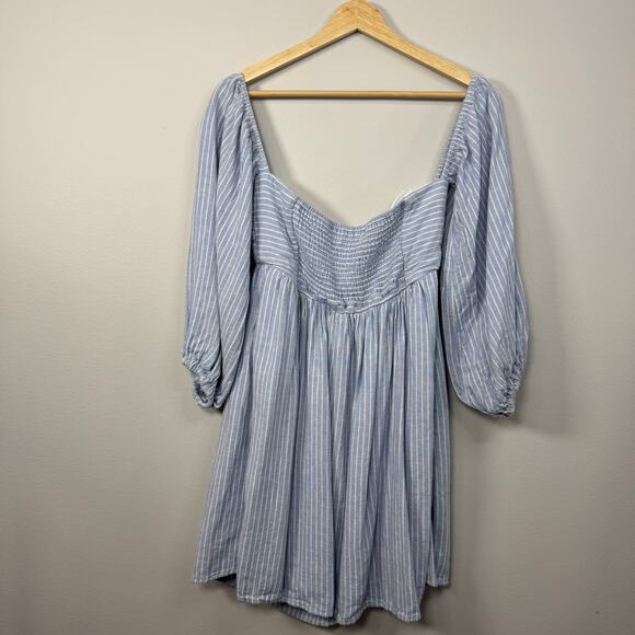 Abercrombie & Fitch Emerson Mini Dress Size Medium Tall Blue Striped Linen Short - Picture 8 of 11